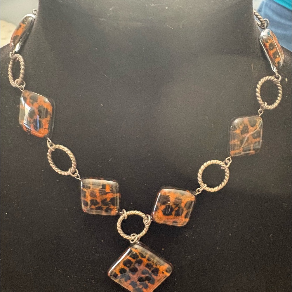 Tortoiseshell Glass Pendant Necklace - Sterling Silver